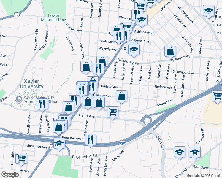 map of restaurants, bars, coffee shops, grocery stores, and more near 2008 Cleneay Avenue in Cincinnati