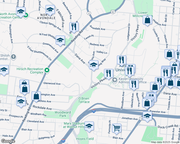 map of restaurants, bars, coffee shops, grocery stores, and more near 1027 Dana Avenue in Cincinnati