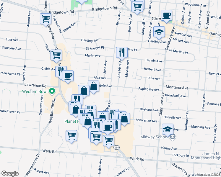 map of restaurants, bars, coffee shops, grocery stores, and more near 3377 Parkcrest Lane in Cincinnati
