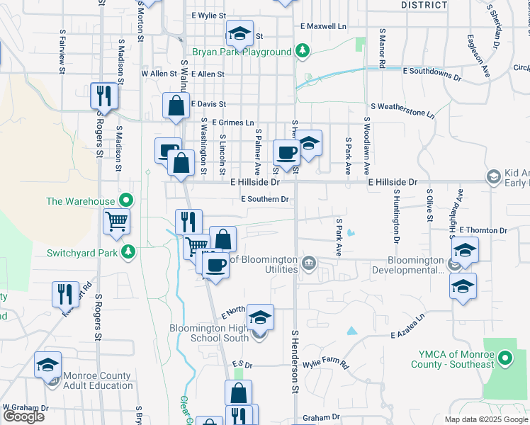 map of restaurants, bars, coffee shops, grocery stores, and more near 1710 South Henderson Street in Bloomington