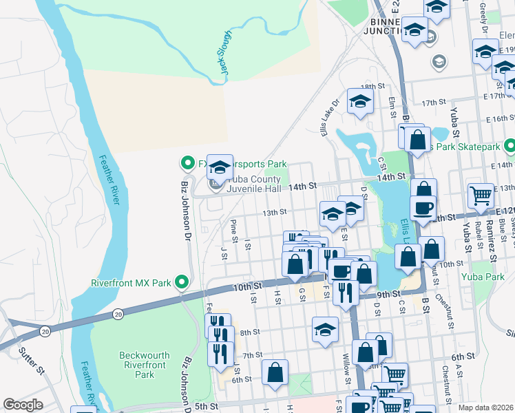 map of restaurants, bars, coffee shops, grocery stores, and more near 826 13th Street in Marysville