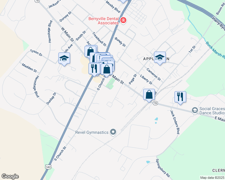 map of restaurants, bars, coffee shops, grocery stores, and more near 95 Chalmers Court in Berryville