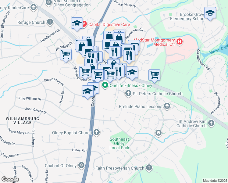 map of restaurants, bars, coffee shops, grocery stores, and more near 17801 Buehler Road in Olney