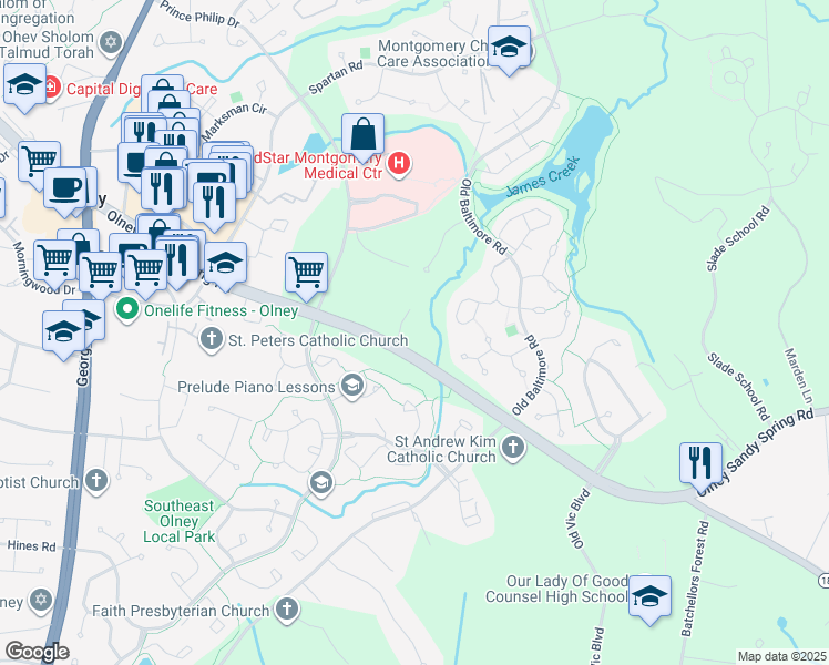 map of restaurants, bars, coffee shops, grocery stores, and more near 2611 Olney Sandy Spring Road in Olney
