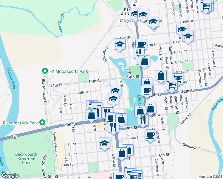 map of restaurants, bars, coffee shops, grocery stores, and more near E St & 13th St in Marysville