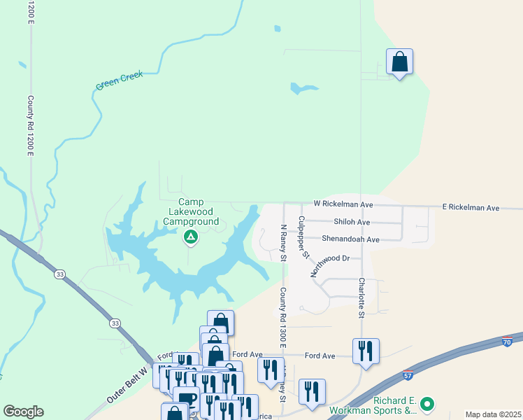 map of restaurants, bars, coffee shops, grocery stores, and more near 1202 Cliffview Dr in Effingham