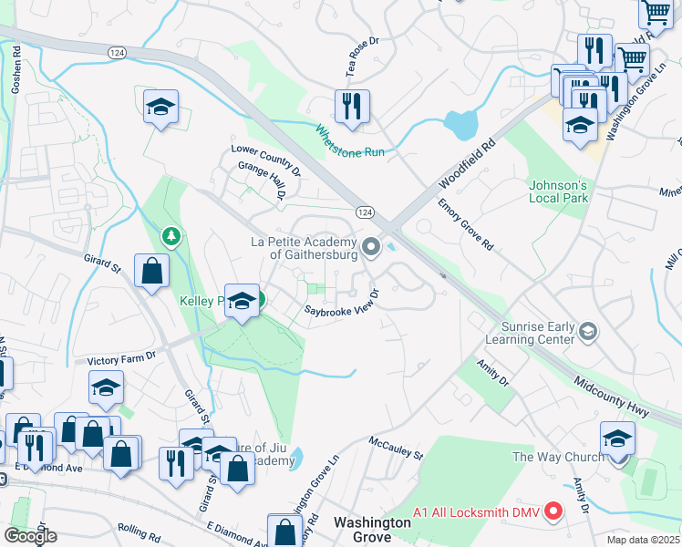 map of restaurants, bars, coffee shops, grocery stores, and more near 116 Linden Hall Lane in Gaithersburg