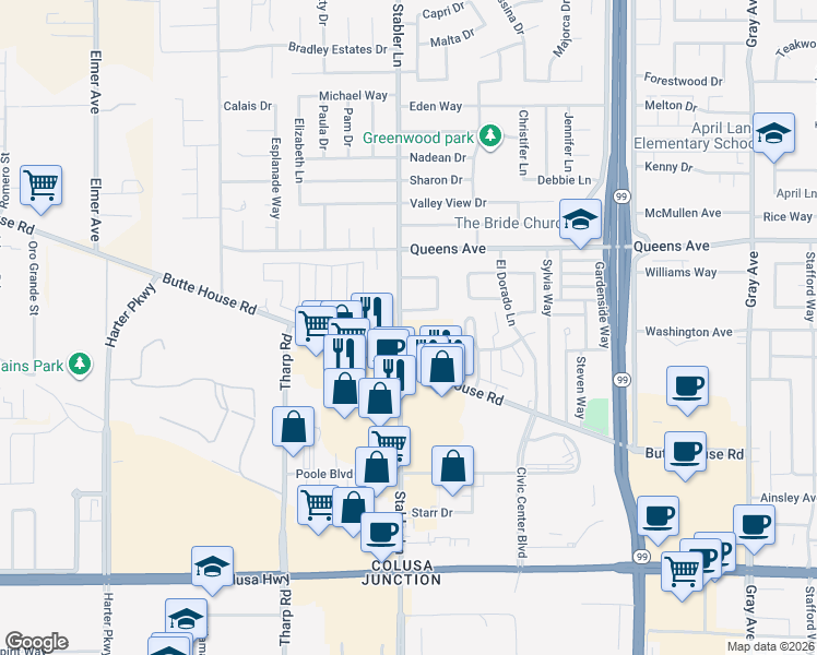 map of restaurants, bars, coffee shops, grocery stores, and more near 1355 Stabler Lane in Yuba City