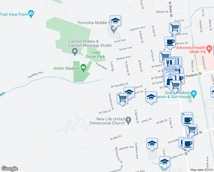 map of restaurants, bars, coffee shops, grocery stores, and more near 1024 West Perkins Street in Ukiah