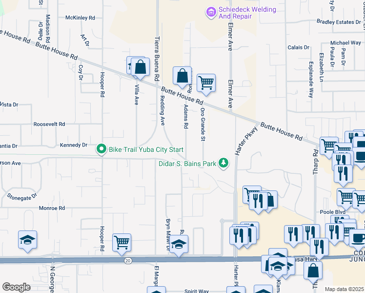map of restaurants, bars, coffee shops, grocery stores, and more near 1516 Adams Road in Yuba City