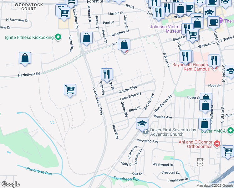 map of restaurants, bars, coffee shops, grocery stores, and more near 420 Ridgley Boulevard in Dover