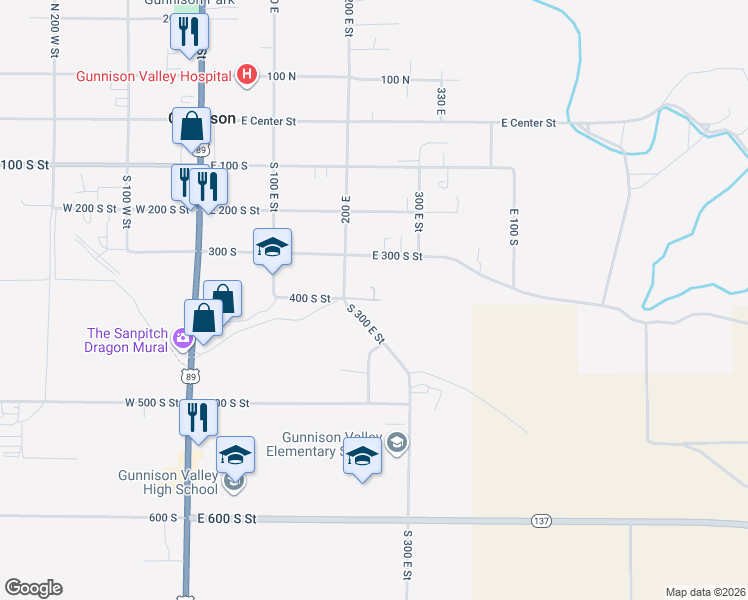 map of restaurants, bars, coffee shops, grocery stores, and more near 190 400 South Street in Gunnison