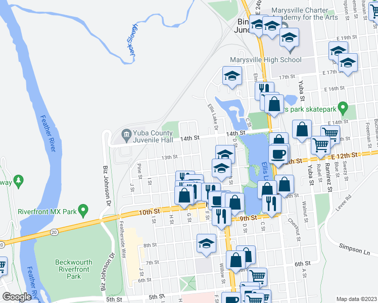 map of restaurants, bars, coffee shops, grocery stores, and more near 621 13th Street in Marysville
