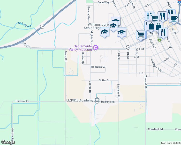 map of restaurants, bars, coffee shops, grocery stores, and more near 2539 George Road in Williams