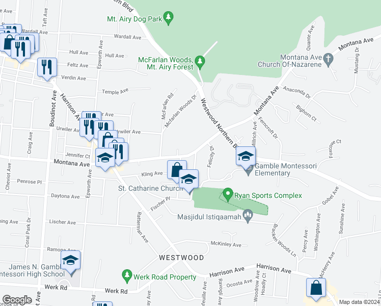 map of restaurants, bars, coffee shops, grocery stores, and more near 2848 Montana Avenue in Cincinnati
