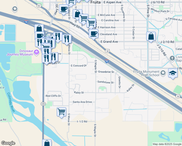 map of restaurants, bars, coffee shops, grocery stores, and more near 109 Bonnie Vista Drive in Fruita