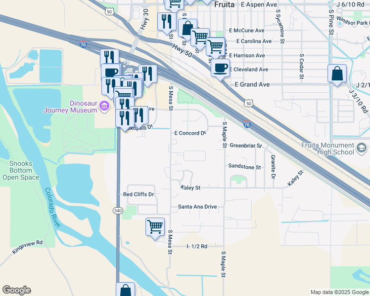 map of restaurants, bars, coffee shops, grocery stores, and more near 103 Bonnie Vista Drive in Fruita