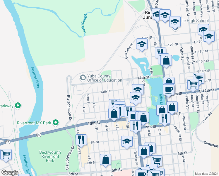 map of restaurants, bars, coffee shops, grocery stores, and more near 1221 H Street in Marysville