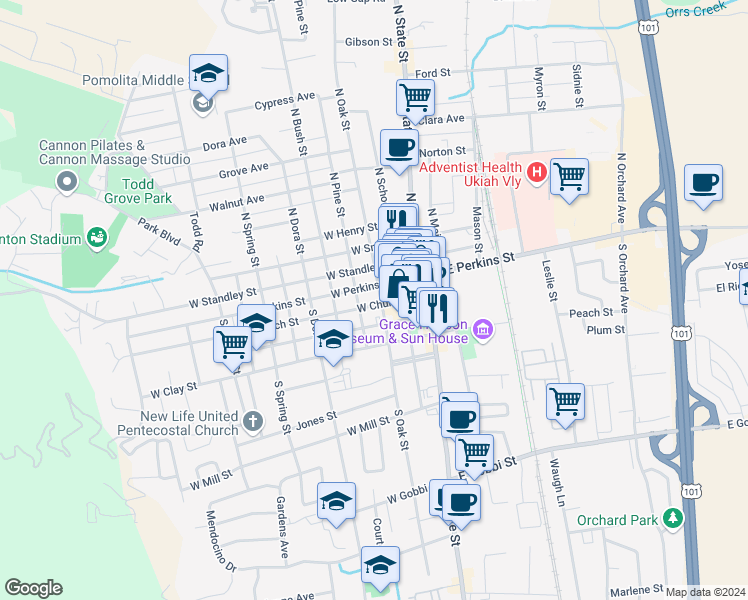 map of restaurants, bars, coffee shops, grocery stores, and more near 390 West Stephenson Street in Ukiah