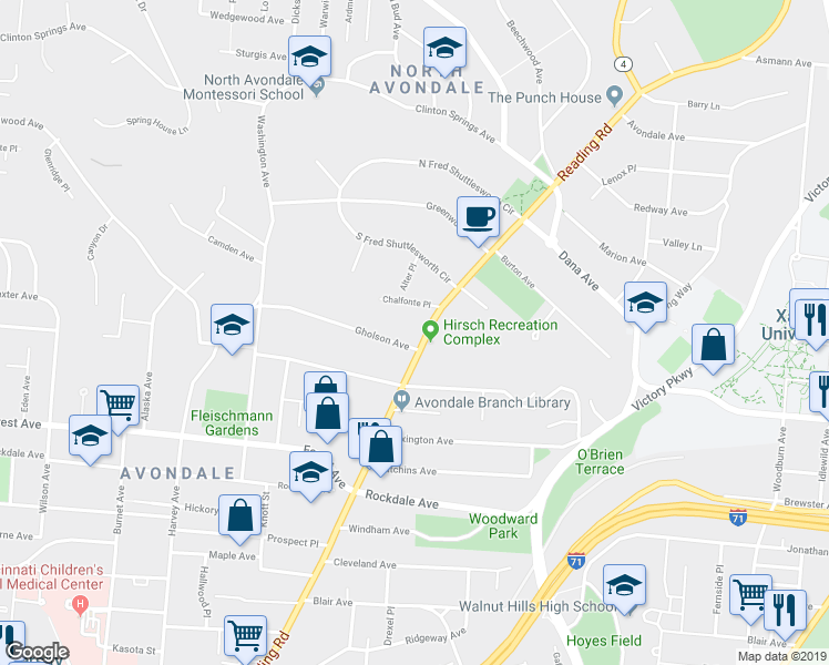map of restaurants, bars, coffee shops, grocery stores, and more near 727 Gholson Avenue in Cincinnati