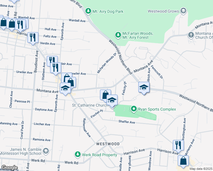 map of restaurants, bars, coffee shops, grocery stores, and more near 3375 Wunder Avenue in Cincinnati