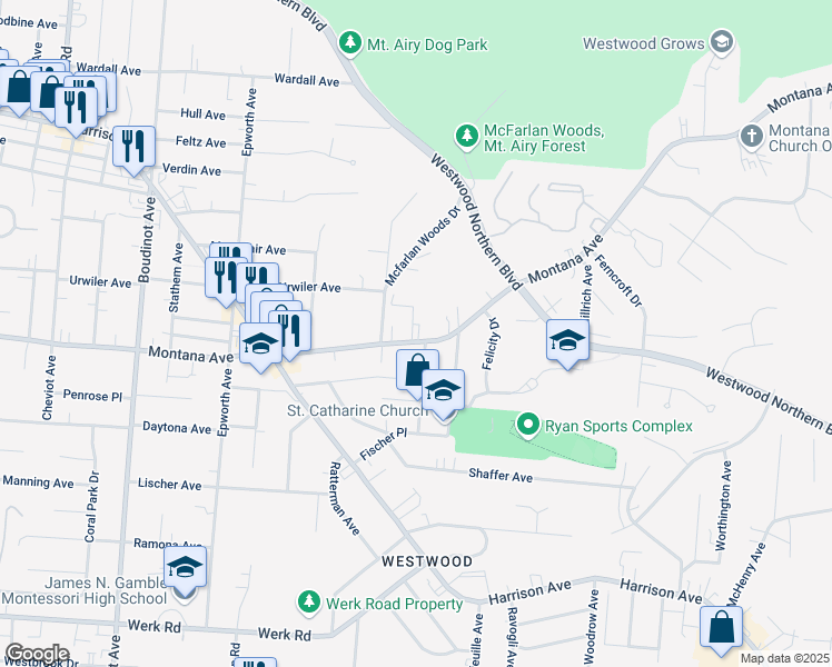 map of restaurants, bars, coffee shops, grocery stores, and more near 3375 Wunder Avenue in Cincinnati