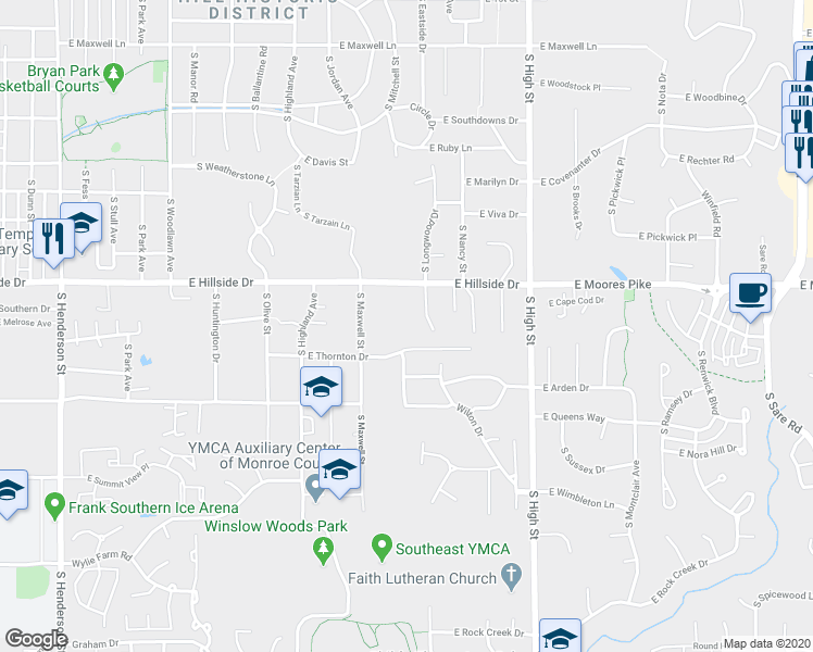 map of restaurants, bars, coffee shops, grocery stores, and more near 1615 East Thornton Drive in Bloomington