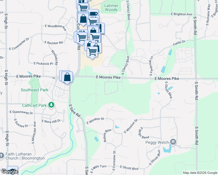 map of restaurants, bars, coffee shops, grocery stores, and more near 1560-1564 South Andrew Circle in Bloomington