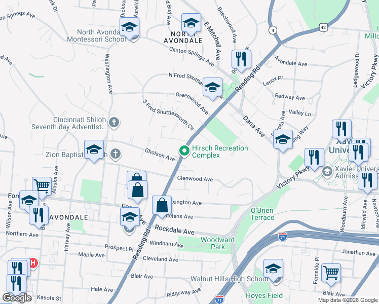 map of restaurants, bars, coffee shops, grocery stores, and more near 3655 Reading Road in Cincinnati