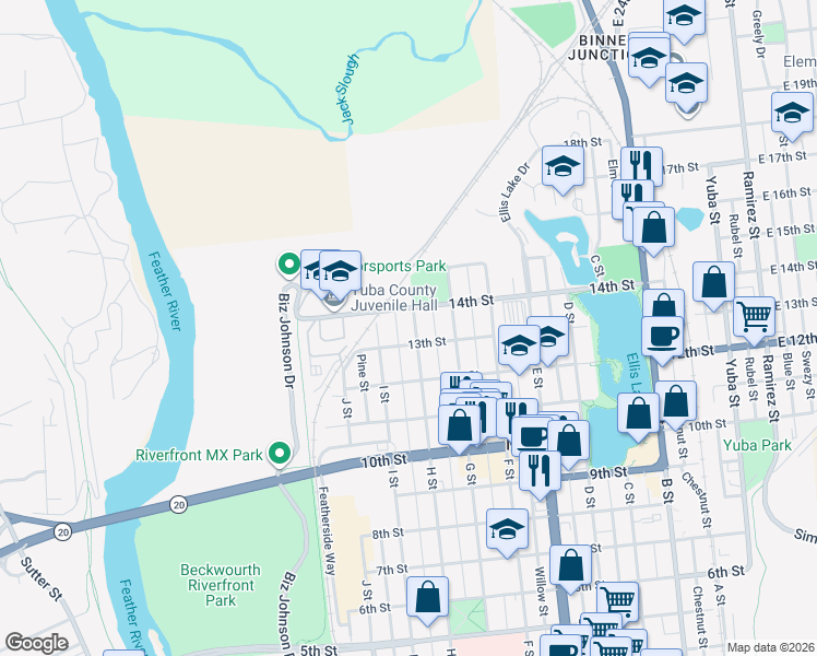 map of restaurants, bars, coffee shops, grocery stores, and more near 722 14th Street in Marysville