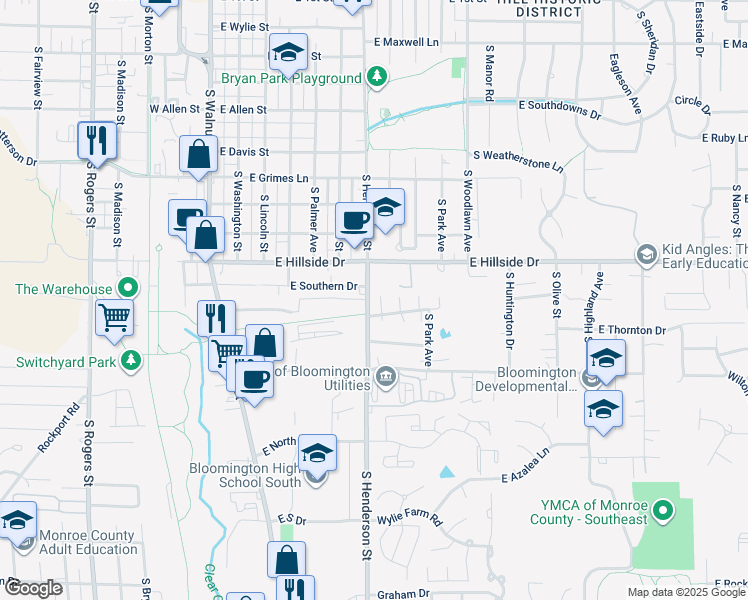 map of restaurants, bars, coffee shops, grocery stores, and more near 606 East Hillside Drive in Bloomington