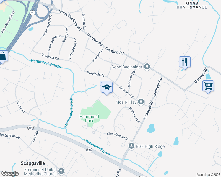 map of restaurants, bars, coffee shops, grocery stores, and more near 8110 Aladdin Drive in Laurel