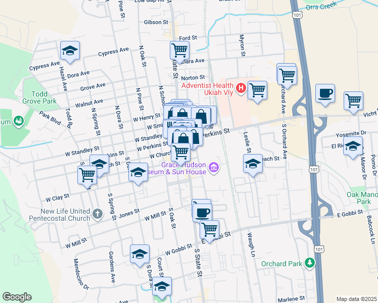 map of restaurants, bars, coffee shops, grocery stores, and more near 203 South State Street in Ukiah