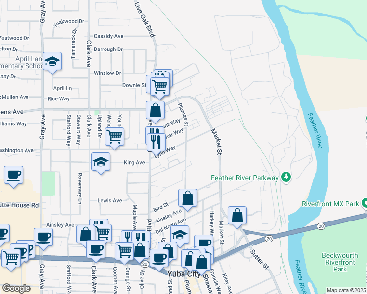 map of restaurants, bars, coffee shops, grocery stores, and more near 1296 Plumas Street in Yuba City