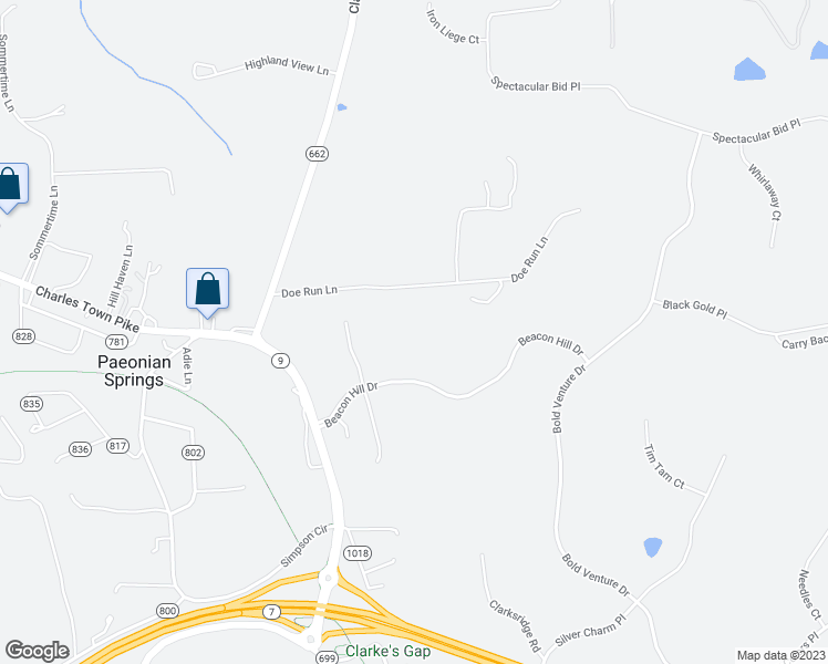 map of restaurants, bars, coffee shops, grocery stores, and more near 40213 Doe Run Lane in Paeonian Springs