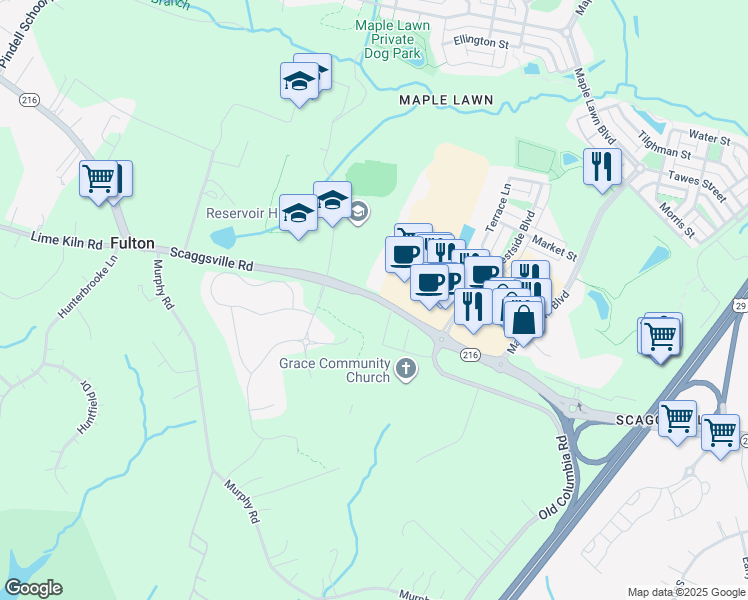map of restaurants, bars, coffee shops, grocery stores, and more near 11509 Scaggsville Road in Fulton