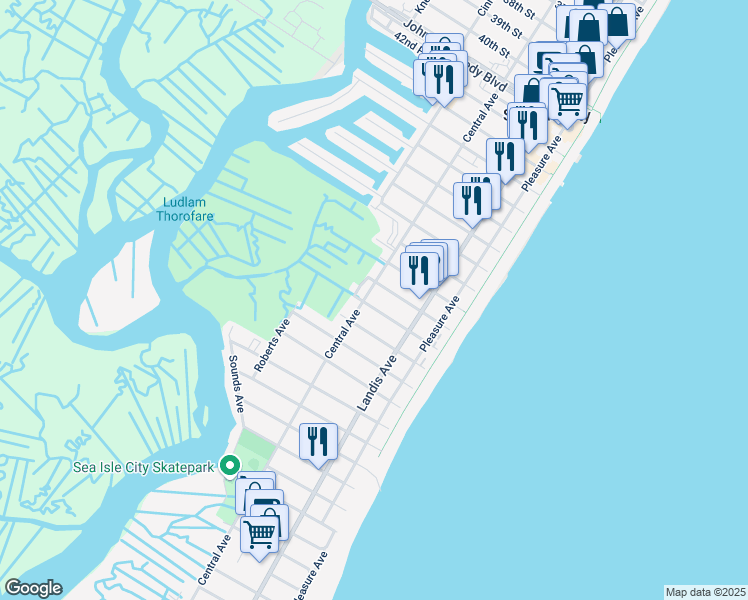 map of restaurants, bars, coffee shops, grocery stores, and more near 5015 Central Avenue in Sea Isle City