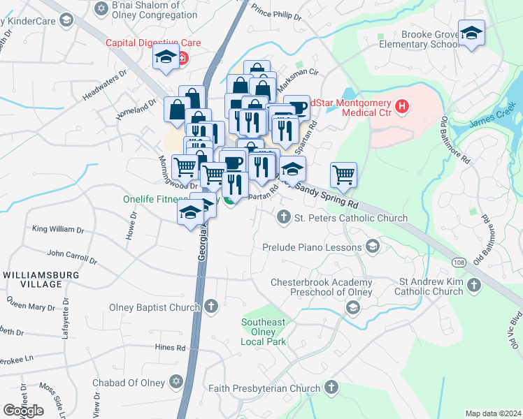 map of restaurants, bars, coffee shops, grocery stores, and more near 17822 Buehler Road in Olney