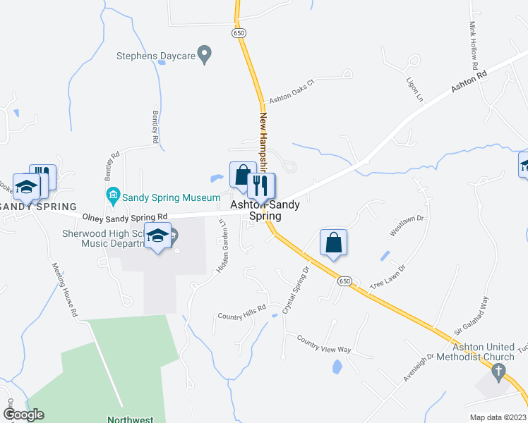 map of restaurants, bars, coffee shops, grocery stores, and more near in Ashton-Sandy Spring