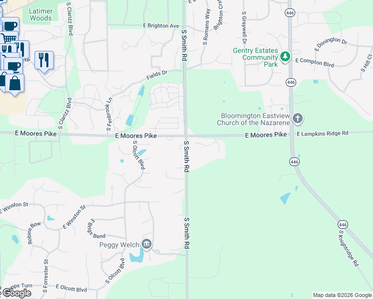 map of restaurants, bars, coffee shops, grocery stores, and more near 1351 South Smith Road in Bloomington