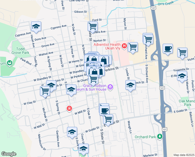 map of restaurants, bars, coffee shops, grocery stores, and more near 203 South State Street in Ukiah