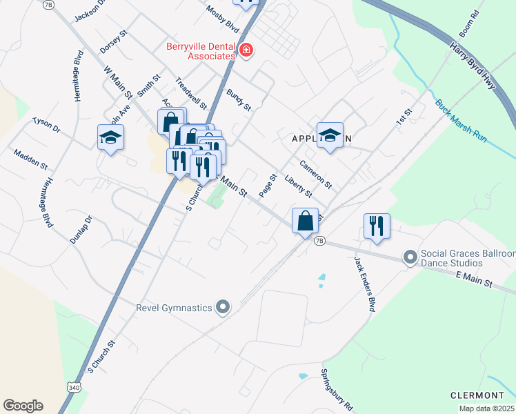map of restaurants, bars, coffee shops, grocery stores, and more near 209 East Main Street in Berryville