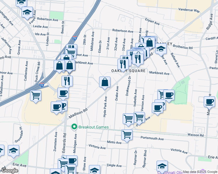 map of restaurants, bars, coffee shops, grocery stores, and more near 3820 Eileen Drive in Cincinnati
