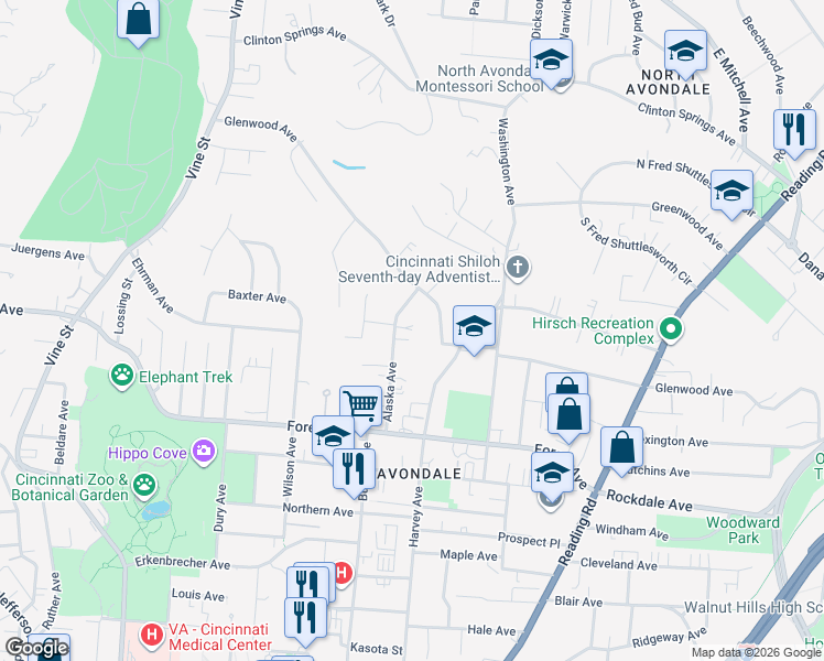 map of restaurants, bars, coffee shops, grocery stores, and more near 3640 Alaska Avenue in Cincinnati