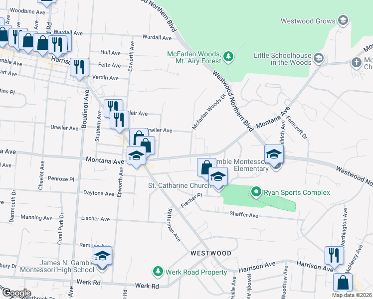 map of restaurants, bars, coffee shops, grocery stores, and more near 3425 McFarlan Road in Cincinnati