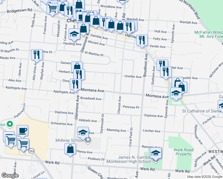 map of restaurants, bars, coffee shops, grocery stores, and more near 3435 Mcfadden Avenue in Cincinnati