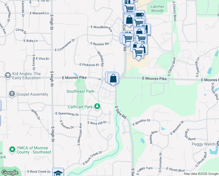 map of restaurants, bars, coffee shops, grocery stores, and more near 1562 South Ira Street in Bloomington