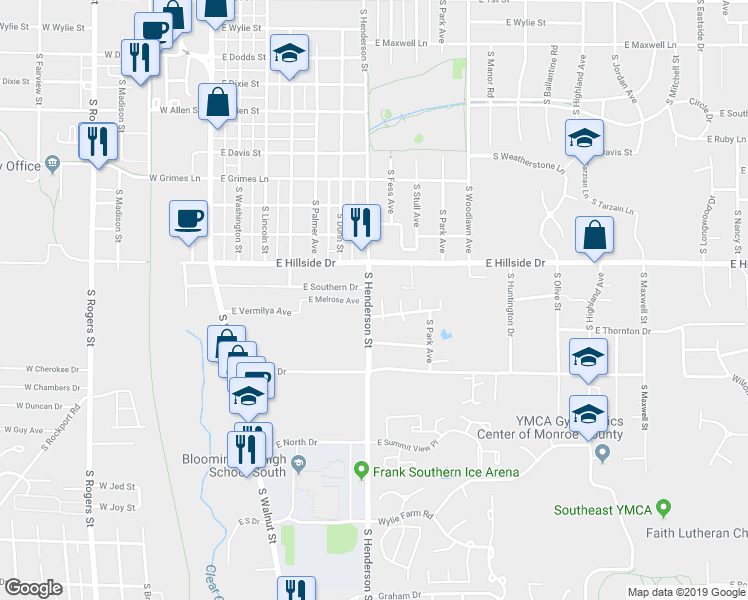 map of restaurants, bars, coffee shops, grocery stores, and more near 606 East Hillside Drive in Bloomington