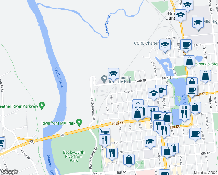 map of restaurants, bars, coffee shops, grocery stores, and more near 938 14th Street in Marysville