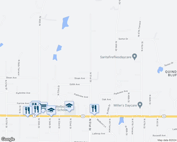 map of restaurants, bars, coffee shops, grocery stores, and more near 5100 Sewell Avenue in Kansas City